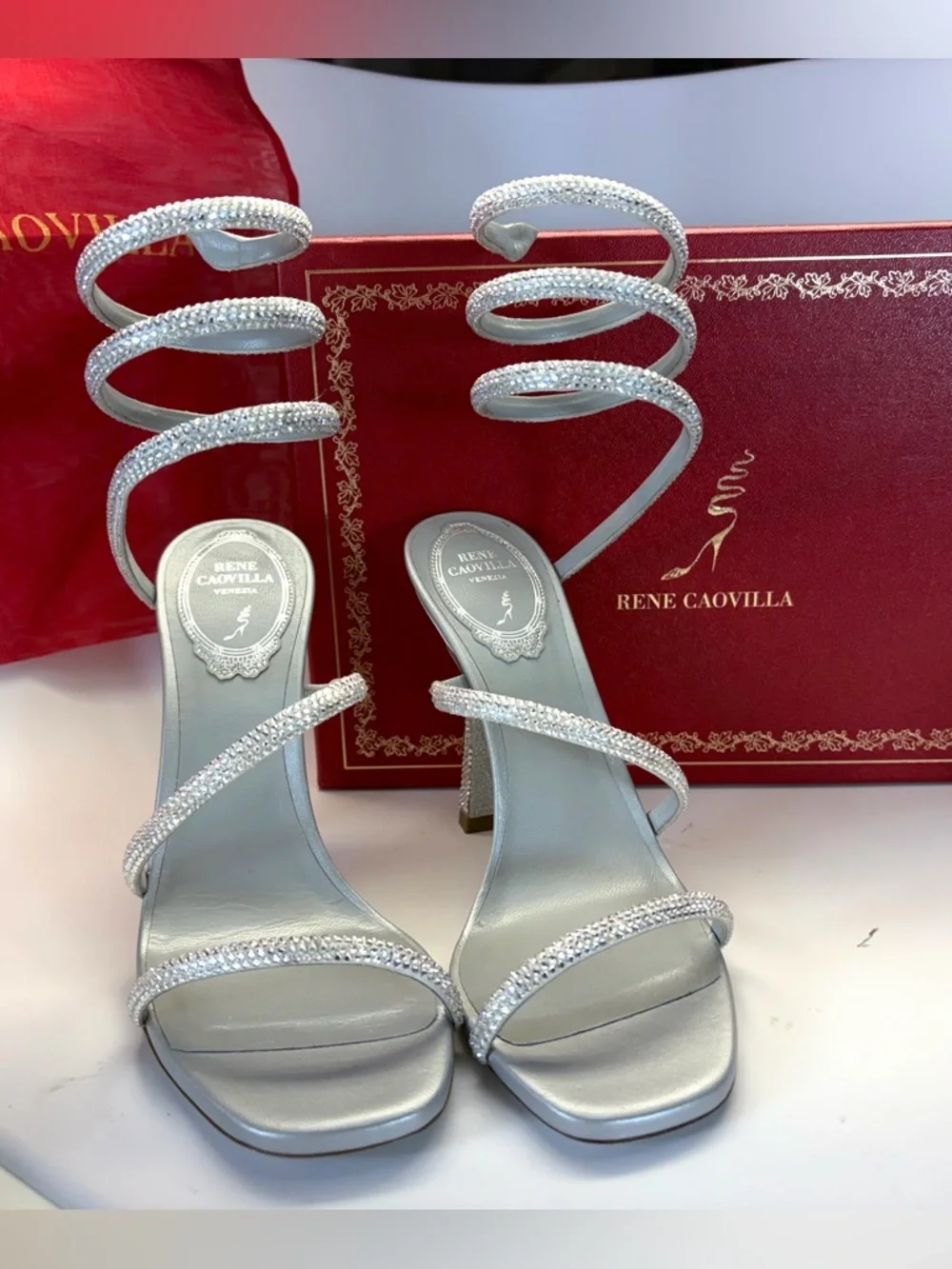 New in Box Rene Caovilla Silver Crystal Spiral Wrap Open Toed High-Heels - Picture 2 of 8
